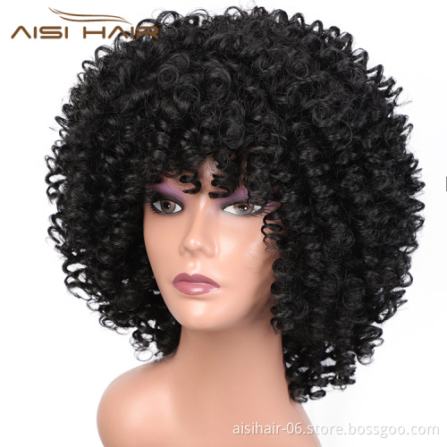 Aisi Hair Top Quality Short Afro Kinky Curly Black Bob Wigs With Bangs Deep Afro Curly Wave Wig Synthetic Wigs For Black Women